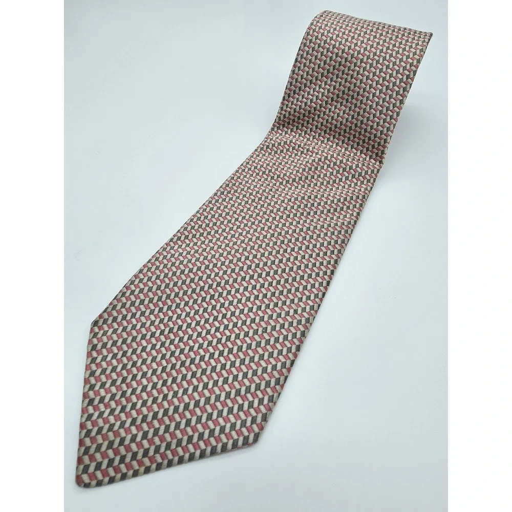 Aquascumtum of London Vintage 100% Silk Geometric Tie Pink Tan Gray 58